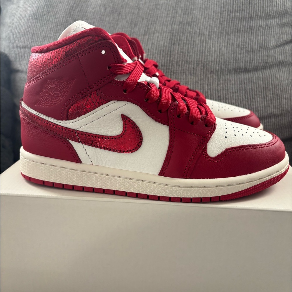 Nike women’s Air Jordan 1 Mid Varsity Red and White High-Top. Brand New